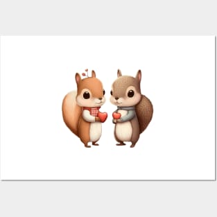 Squirrel Couple Heart Acorns Posters and Art